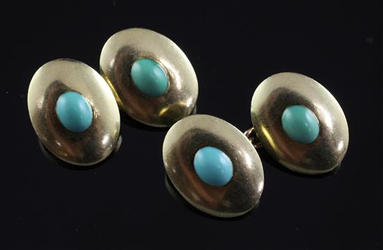 A pair of 18ct gold and turquoise set oval cufflinks, gross weight 14 grams.